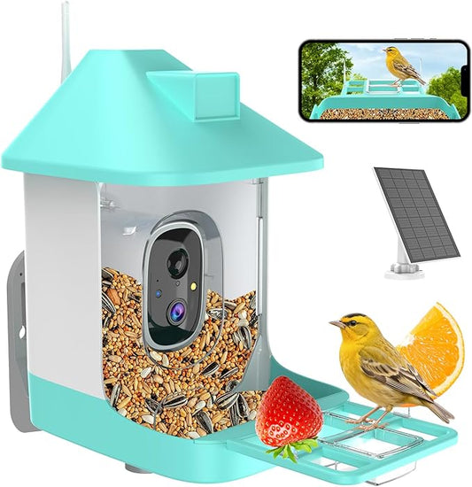 Bird Feeder with Camera,Smart Birdwatching Camera with Solar Powered,AI Identify Species,Instant Notifications,FHD Live View, Auto Record Video in Backyard,Ideal Gifts for Family and Bird Lovers,Blue