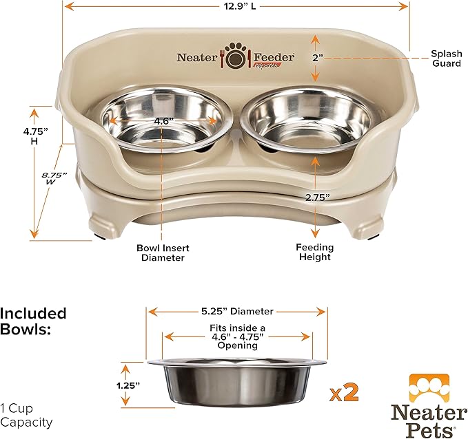 Neater Feeder Express Mess Proof Cat Bowls Elevated, No Spill Feeding Station, Stainless Steel Dishes for Food and Water, Raised Bowls for Indoor Cats, No Fatigue Whisker Friendly Dish, Almond