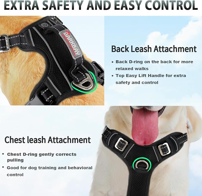 BARKBAY No Pull Dog Harness 3 Buckles Large Reflective Dog Harness with Front Clip and Easy Control Handle for Walking Training Running with ID tag Pocket(Black,XL)