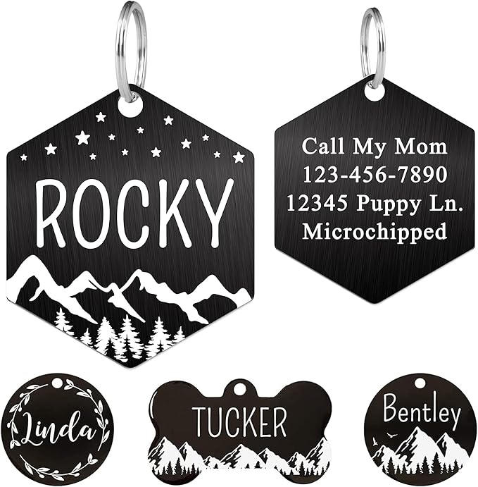 Ultra Joys Stainless Steel Pet ID Tag Dog Name Tags Personalized Front and Back Engraving, Customized Dog Tags and Cat Tags, Optional Engraved on Both Sides, Hexagon Tag with Mountain Design, Small