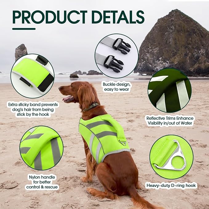 Kuoser Medium Dog Swim Vests - Reflective Life Jackets for Beach & Boating, Green