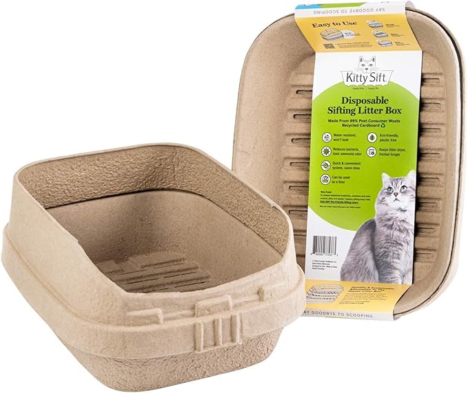 Kitty Sift (Set of 1 Litter Box, 3 Sifting Liners, & 1 Shield) Sustainable, Clean, Sifting, Disposable Cat Litter Box with Shield - Large, 5-Set Kit