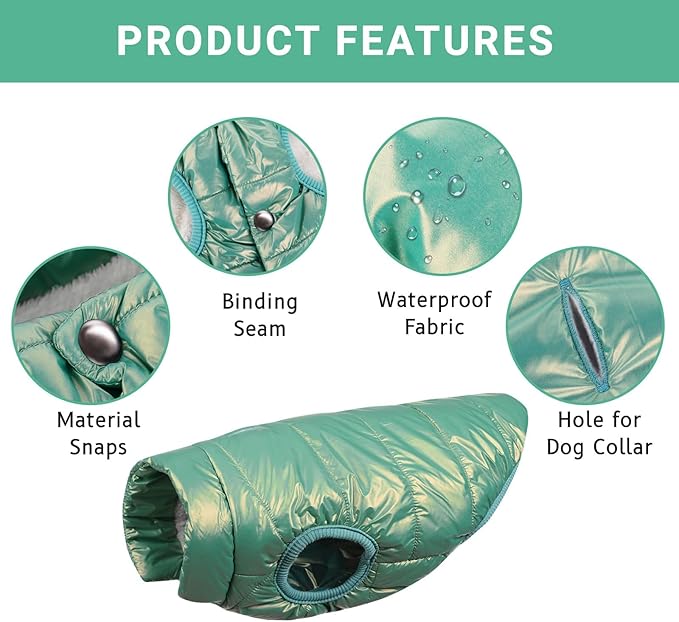 ASENKU Dog Winter Coat - Waterproof Windproof Dog Jacket, Warm Snowproof Doggie Puffer Vest for Cold Weather, Lightweight Snow Coats for Small Medium Large Dogs(Mint Green, XS)