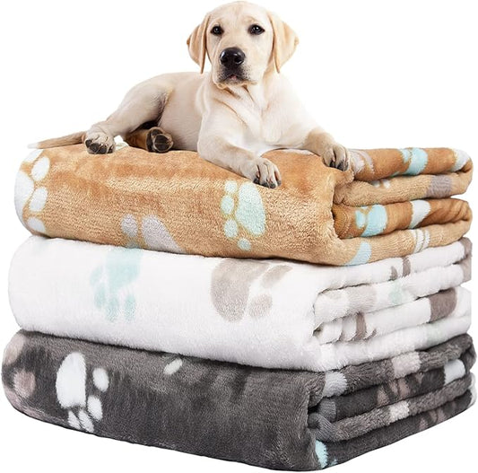 Rezutan Dog Blanket for Large Dogs, Upgraded 3 Pack Dog Cat Flannel Blankets Washable, Soft Pet Mat Throw Cover Suitable for Kennel Crate Bed, Cute Paw Pattern, Grey/Brown/White, 31" x 41"