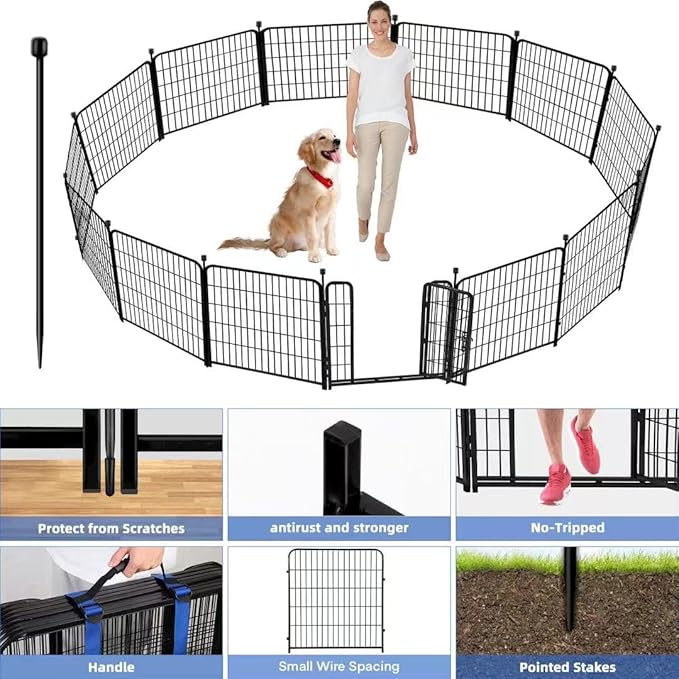 ADAVIN Tall Garden Fence 54 in(H)×22.1 Ft(L),10 Panels Dog Fence Outdoor for Yard, Heavy Duty Iron Metal Fence with Gate Low Threshold, No Dig Fences Panels, Animal Barrier Fences, Black