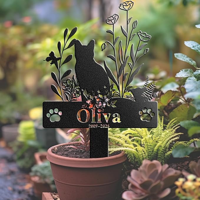 Custom Cat Grave Marker Cat Burial Stake, Personalized Butterfly Flowers Cat Memorial Garden Stake, Metal Cat Memorial Plaque for Outdoors, Customized Pet Headstone