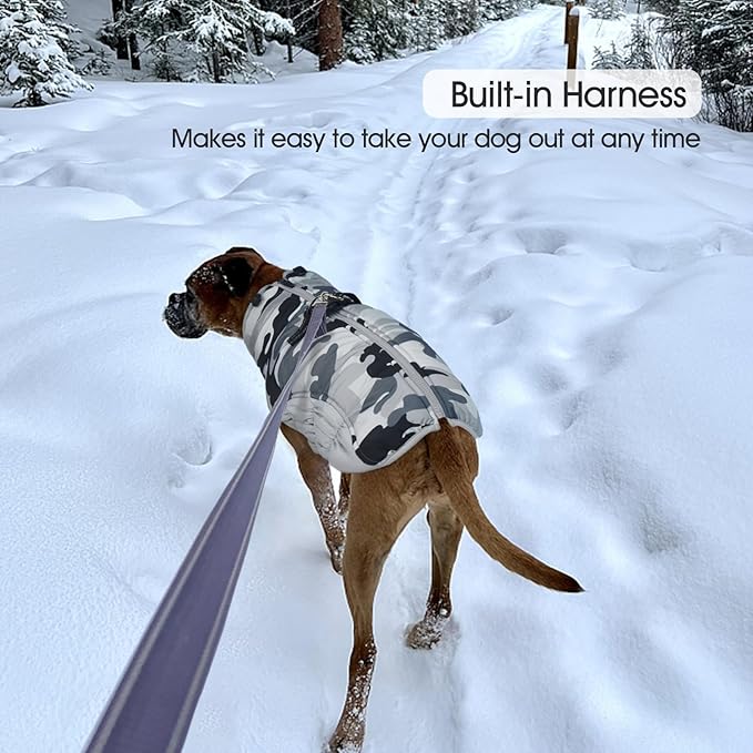 FUAMEY Dog Coat for Large Dogs,Waterproof Dog Winter Jacket with Harness Built in Puppy Cold Weather Coats Reflective Pet Vest with Zipper Warm Fleece Dogs Snowsuit Windproof Grey Camo XXXL