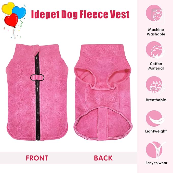 Idepet Dog Fleece Vest Sweater Zip Up Warm Pullover Dogs Jacket with D-Ring Leash Winter Cold Weater Coat Pet Sweatershirt Clothes Hoodie for Small Medium Dogs Boy Girl (Rose Red, M)