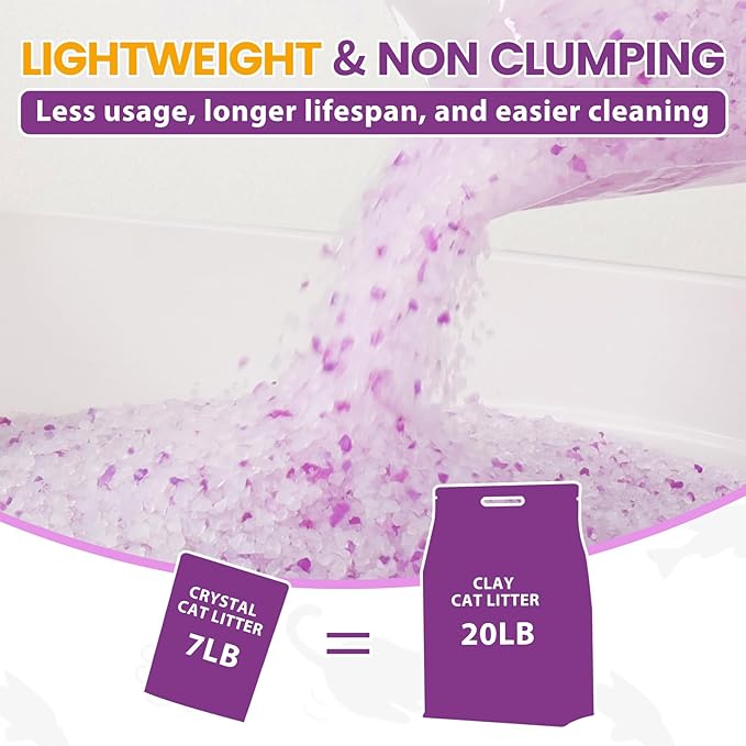 NEWORD Crystals Cat Litter Lightly Scented Litter Superior Odor Control 7 lbs Total Soft-On-Paws Low Tracking Dust-Free Purple Silica Gel, Lavender