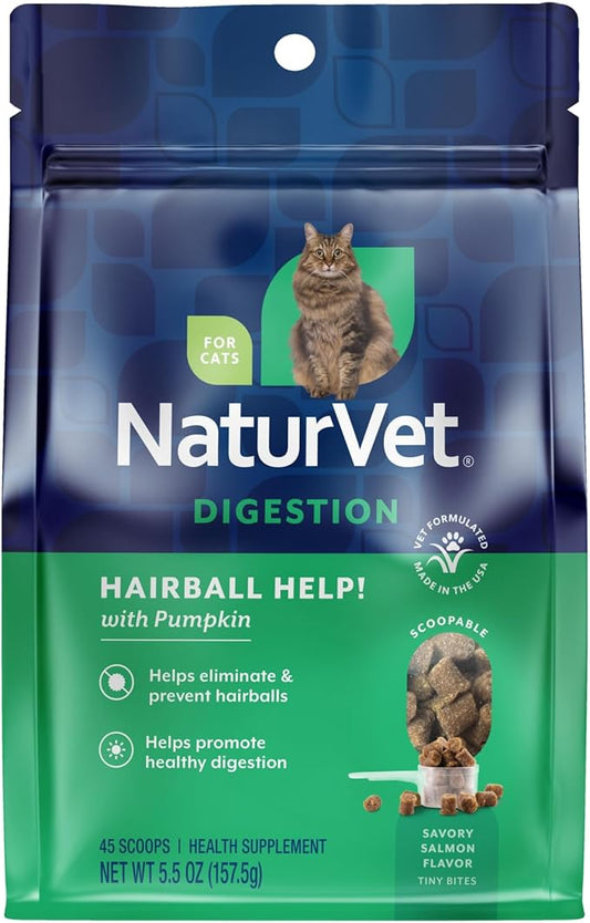 NaturVet Scoopables Hairball Aid for Cats - Helps Prevent & Eliminate Hairballs - Psyllium Husk & Pumpkin - Salmon Flavored Cat Health Supplement - Tastes Like Treats & Prevents Hairballs | 5.5oz Bag