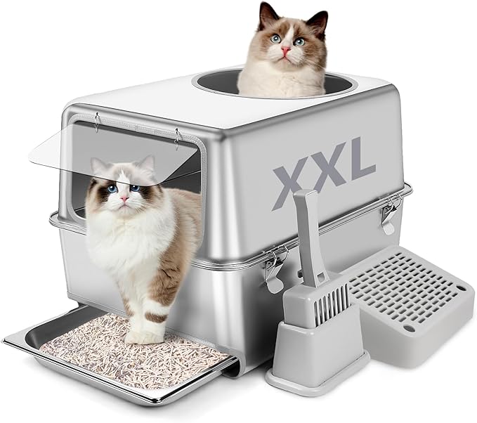 Stainless Steel Litter Box with Pull-Out Drawer, 23.6"L x 15.8"W x 15.8"H Enclosed Metal Cat Litter Box Tray with High Sides, Scoop, Filter Pedal, Top & Side Entry, Non-Sticky, Easy Cleaning