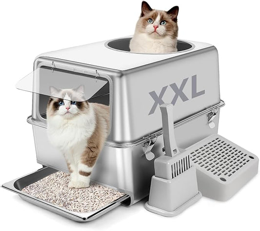 Stainless Steel Litter Box with Pull-Out Drawer, 23.6"L x 15.8"W x 15.8"H Enclosed Metal Cat Litter Box Tray with High Sides, Scoop, Filter Pedal, Top & Side Entry, Non-Sticky, Easy Cleaning