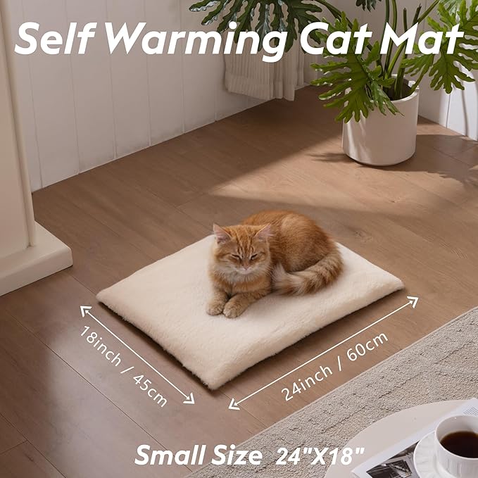 Self Warming Cat Bed, Heating Cat Pad, Extra Soft Flannel Surface, Removable ＆ Washable, Thick Thermal Mat with Non-Slip Bottom (Ivory, 24" X 18")