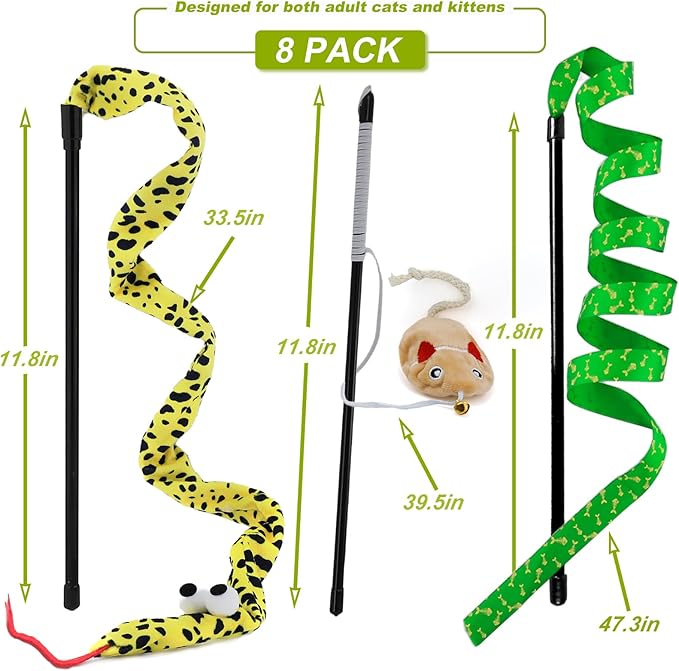 Interactive Cat Toy Wand with Catnip Mouse, Cat Teaser Wand Rainbow String for Bored Indoor Adult Cats and Kittens (8 Pack)