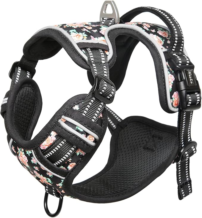 HEELE Dog Harness Harness for Small Dogs No Pull Dog Vest Harness for Small Dog with Soft Padded Handle Reflective for Outdoor Training, Flower-Black, XS