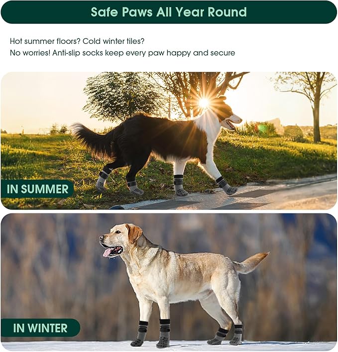 Kuoser Non Slip Dog Socks for Hardwood Floors,4Pack Anti-Slip Dog Grippy Socks to Prevent Licking Paws,Dogs Booties Paw Protectors with Double-Sided Traction for Small Medium Large Senior Dogs,Gray M