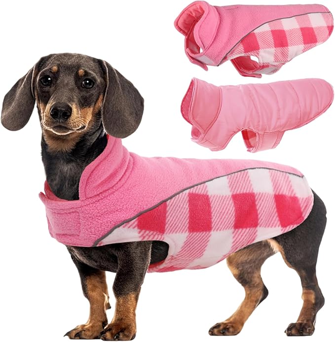 Kuoser Dog Winter Coat, Reversible Waterproof Dog Jacket with Reflective Strip, Warm Dogs Fleece Vest Adjustable Doggy Cold Weather Clothes Plaid Christmas Outfit Pet Apparel for Small Dogs, Pink XS