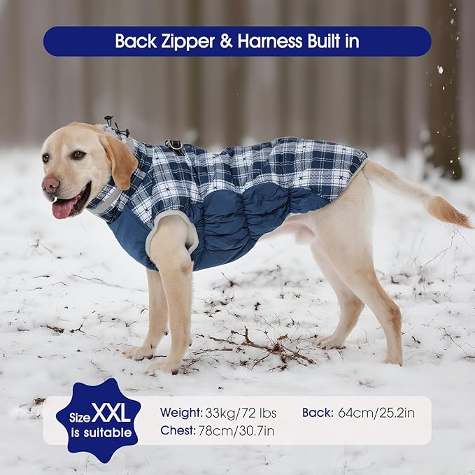 FUAMEY Dog Coat for Large Dogs,Waterproof Dog Winter Jacket with Harness Built in Puppy Cold Weather Coats Reflective Pet Vest with Zipper Warm Fleece Dogs Snowsuit Windproof Blue Plaid 3XL