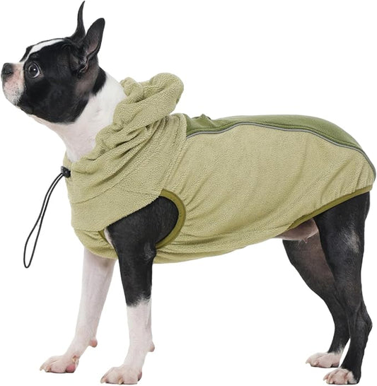 IECOii Dog Fleece Sweater for Medium Dogs, Dog Pullover Sweatshirt with Leash Hole & Reflective Stripes, Stretchable & Cozy Dogs Hoodie Windproof Hooded Sweaters for Fall Winter Walks, Green, L
