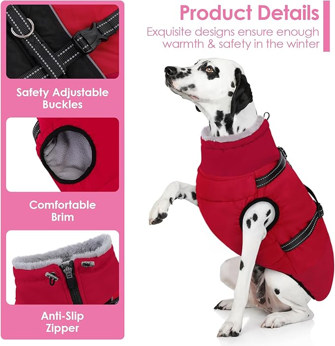 AOFITEE Dog Coat, Warm Dog Jacket with Harness Built-in, Waterproof Medium Dogs Cold Weather Coat with Zipper, Reflective Fleece Lined Pet Snow Jackets for Pug, Jack Russell, Boston Terrier, Red M