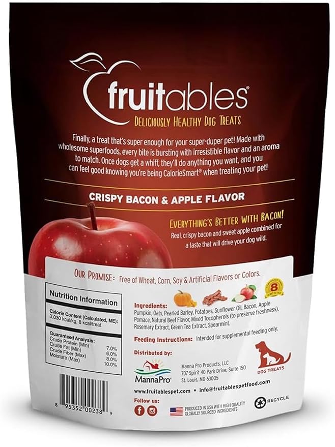 Fruitables Baked Dog Treats, Healthy Pumpkin Treat for Dogs, Low Calorie & Delicious, Free of Wheat, Corn and Soy, Made in the USA, Apple and Crispy Bacon Flavor, 7oz