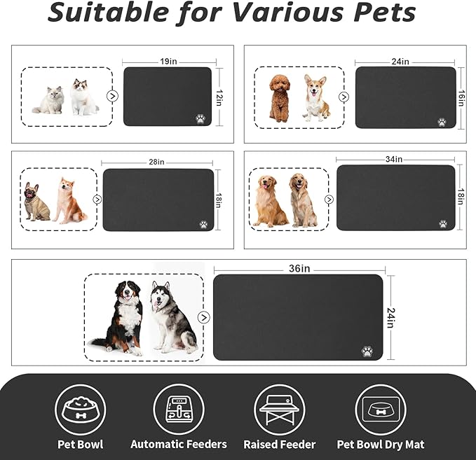 Pet Feeding Mat - Absorbent Dog Mat for Food and Water, No Stains Cat Bowl Mat, Easy to Clean Pet Placemats, Quick Dry Dog Water Dispenser Mat for Messy Drinkers | Paw Black 16"x 24"