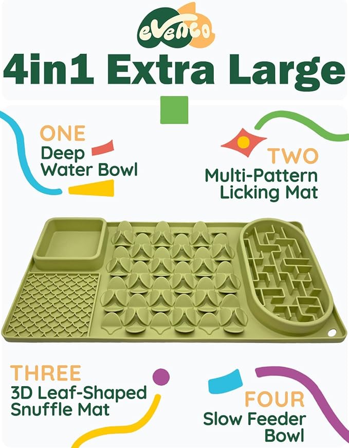 Slow Feeder Bowl for Large Dog, Silicone Lick Mat & Snuffle Mat with Suction Cups - Interactive Puzzle Feeder to Slow Eating & Keep Busy, Reduce Vomiting & Relieve Boredom (21"x 11" Green)