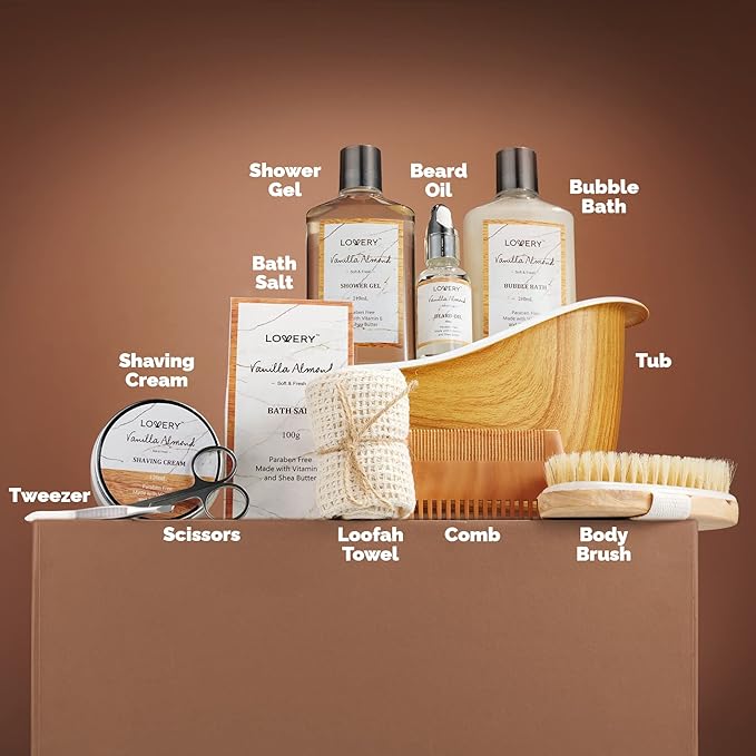 Birthday Gifts for Men, Spa Gift for Him, Dad, Mens, Husband - 11pc Vanilla Almond Unique Grooming Self Care Baskets, Personal Beard Care Gifts for Men Who Have Everything