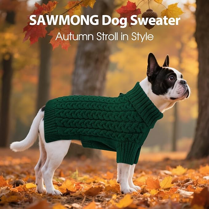 SAWMONG Dog Sweater, Dog Sweaters for Small Dogs Girls Boys, Pullover Turtleneck Knitted Doggy Sweatshirt, Cold Weather Pet Clothes（Green, X-Small