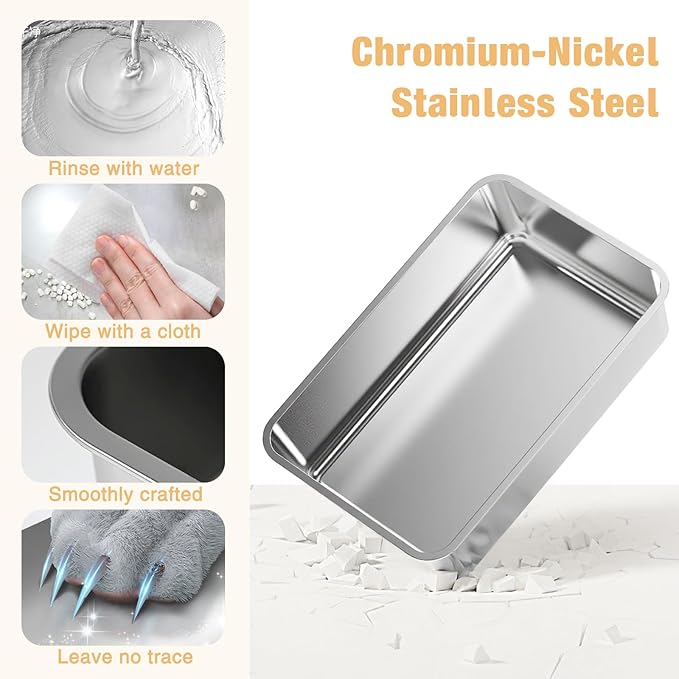 Stainless Steel Cat Litter Box Fully Enclosed, Extra Large Metal High Sided Cat Box with 120° Fully Transparent See-Through Flip Lid, Scoop & Mat - Grey - XL