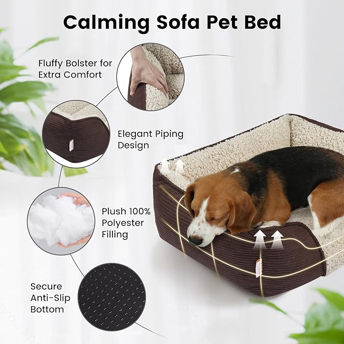 Miguel Washable Dog Bed with Removable Cushion for Small Dogs, Easy to Wash Pet Sofa Bed with Side, Rectangle Bolster Cat Bed Calming Cuddle Puppy Bed with Anti-Slip Bottom, Dark Brown 20 Inch