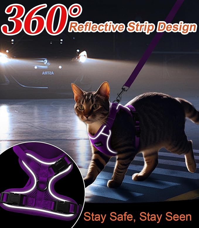 Cat Harness and Leash for Walking Escape Proof Soft Adjustable Cat Leash Breathable Comfortable Vest Easy to Wear Kitten Harness for Outdoor Travel Purple XS