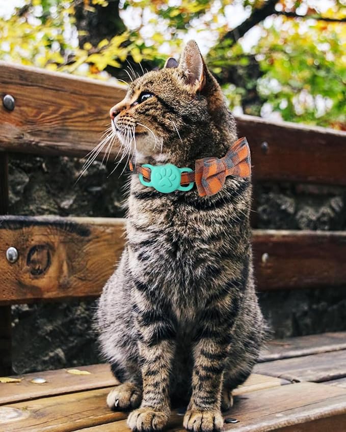 Joytale Upgraded Cat Collar with Bells, Breakaway Cat Collars with Bow Tie, 1 Pack Girl Boy Safety Plaid Kitten Collars, Orange