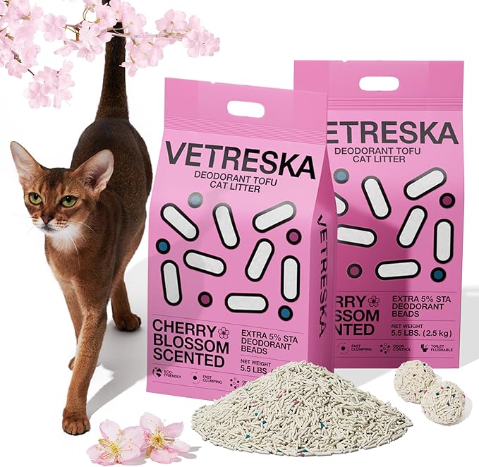 VETRESKA Cherry Blossom Tofu Cat Litter,Natural Kitty Litter Strong Clumping Flushable Cat Litter Pellets Ultra Absorbent,Dust-Free,Low Tracking,Deodorant Tofu Litter Compostable(5.5lb×2bags)