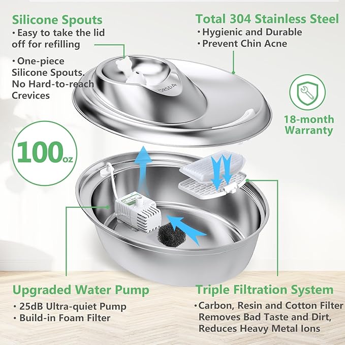 ORSDA Cat Water Fountain Stainless Steel, 3L Automatic Pet Drinking Fountain for Cats Inside, Dog Water Dispenser with Adjustable Water Flow and 6 Replacement Filters for Cats, Dogs