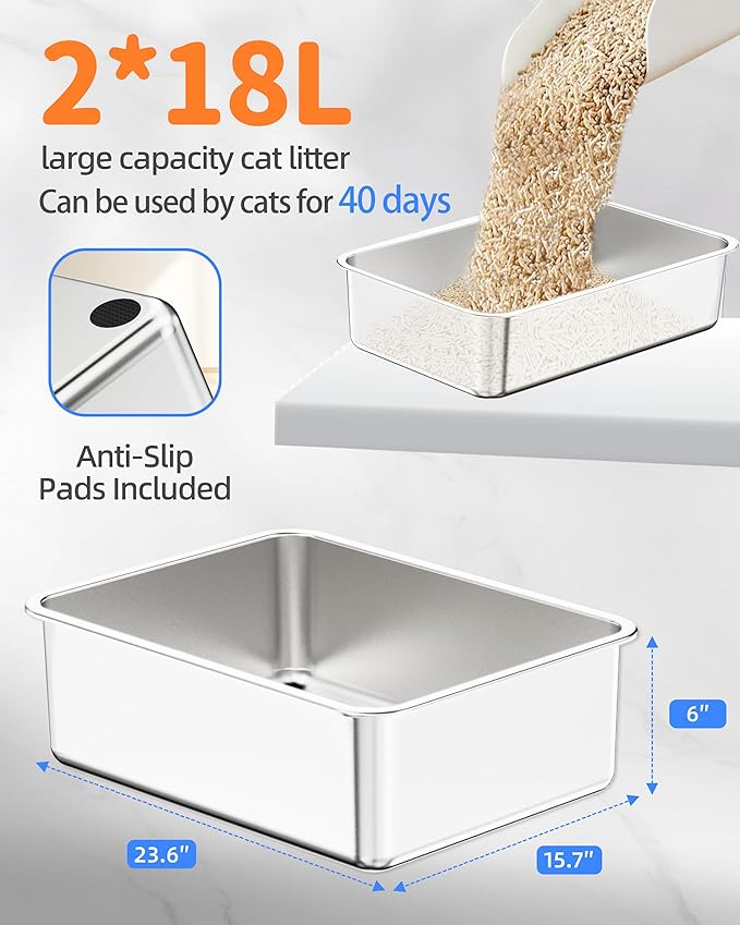 Stainless Steel Litter Box Set- [6-in-1] Large Cat Litter Box with Peadl, Mat, Scoop, Brush, Cat Wands, Non-Sticky Metal Litter Box for Cat, Kitty, Odorless, Easy Clean (23.6"x15.7"x6", 2 Pack)