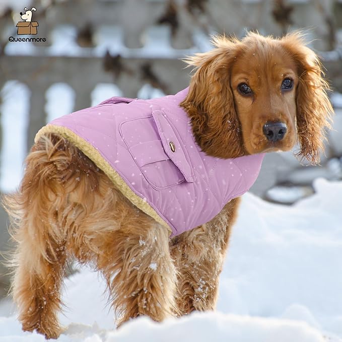 Queenmore Warm Dog Coat, Cold Weather Puffer Dog Coat Vest, Quilting Winter Pet Jacket Ultra Thick Plush Fleece Lining Pet Clothes for Dogs with Storage Pockets (Lilac, X-Small)