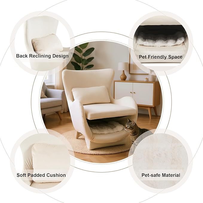 Velvet Chair with Cat Bed for Cats Lover, Pet-Friendly Wing Back Single Sofa with Pet Nest for Living Room, White.