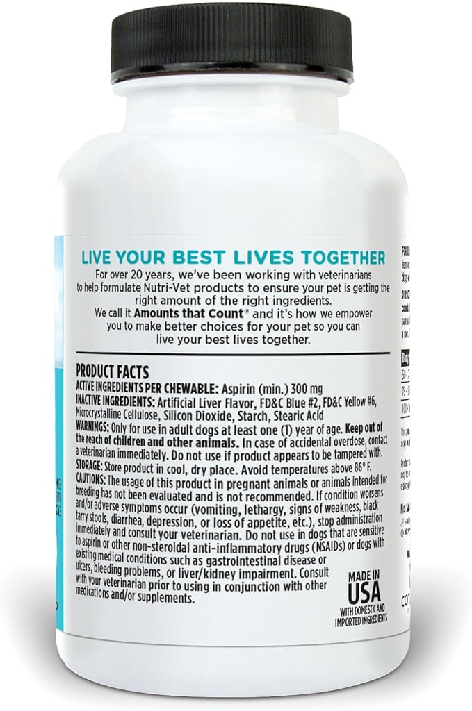 Nutri-Vet Aspirin for Dogs, Puppy Essentials, Dog Aspirin for Large Dogs, Joint Support for Seniors, Arthritis Pain Relief, 300mg per Tablet, 75 count