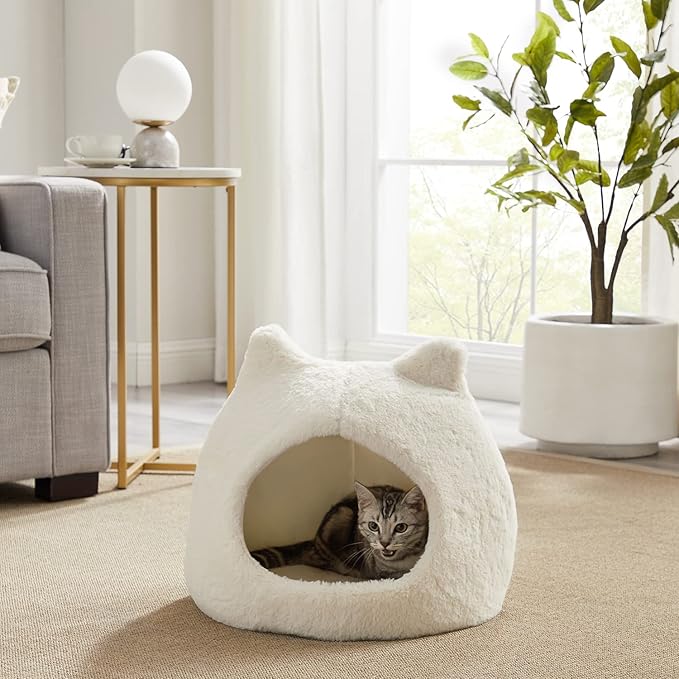 Best Friends by Sheri Meow Hut Fur Dome Pet Bed – Covered Cat Cave for Cats & Small Dogs up to 15 lbs, Faux Fur Hideaway with Water-Resistant Bottom, Machine Washable, Ivory
