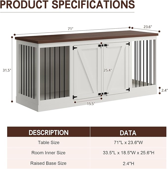 Dog Crate Furniture - Indoor Wooden Dog Kennel Furniture with Room Divider - 71"x23.6"x31.5"H, White