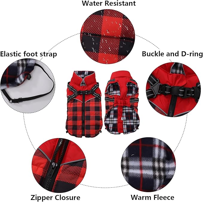 Dog Coat with Harness,Small Dog Winter Coat,Doggie Jackets with Built in Harness,Adjustable Warm Jacket for Medium Large Dogs,Pet Puppy Cold Weather Coats for Dogs Waterproof (PlaidRed, Small)