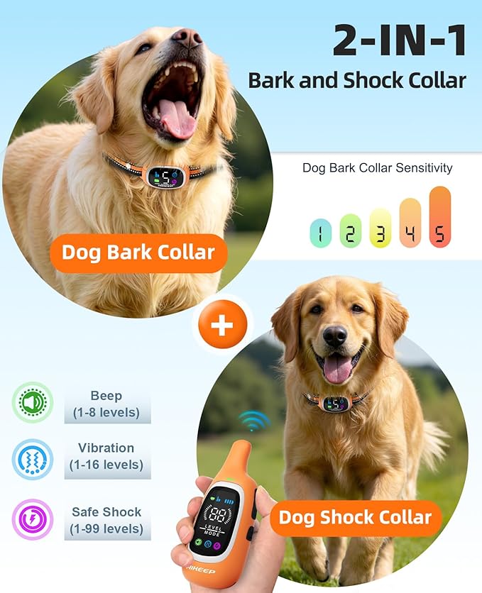 2-in-1 Dog Shock Collar and Bark Collar for Dogs – 3300FT Dog Training Collar with Remote, IP67 Waterproof e Collar with Anti-Bark/Beep/Vibration/Shock Modes for Small Medium Large Dog(8-120Lbs)