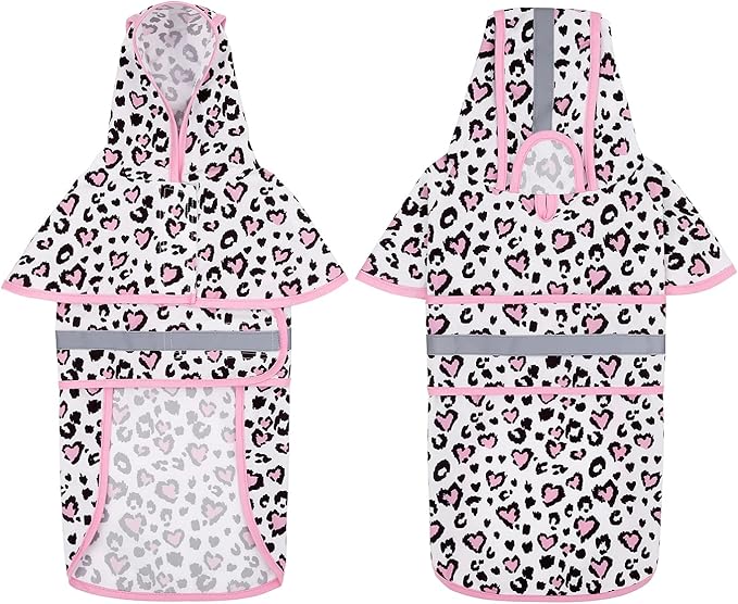 HDE Dog Raincoat Jacket Reflective Adjustable Hooded Pet Poncho Rain Coat with Leash Hole for Small to X-Large Dogs Leopard Hearts - S
