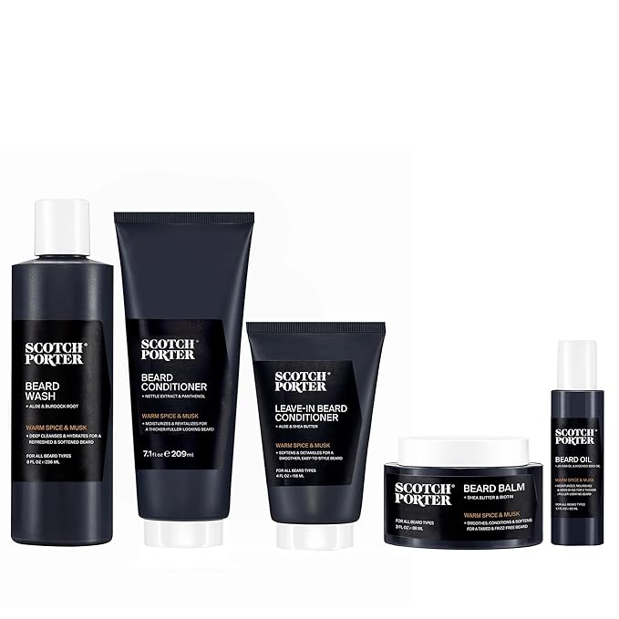 Scotch Porter Superior Beard Collection – Cleanse, Moisturize, Soothe & Style while Encouraging Growth for a Fuller/Healthier-Looking Beard – Includes Wash, 2 Conditioners, Oil & Balm