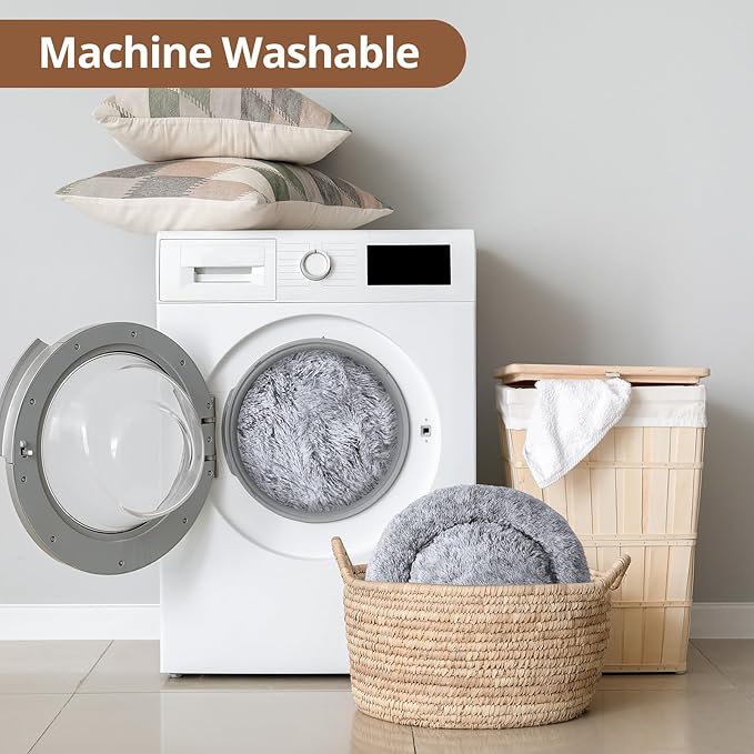 JOLLYVOGUE Medium Calming Dog Bed, Anti-Anxiety Donut Cuddler Cat Bed with Anti-Slip Bottom, Fluffy Faux Fur Machine Washable Pet Cushion for Medium Dog & Cat, 27"/Smoke Gray