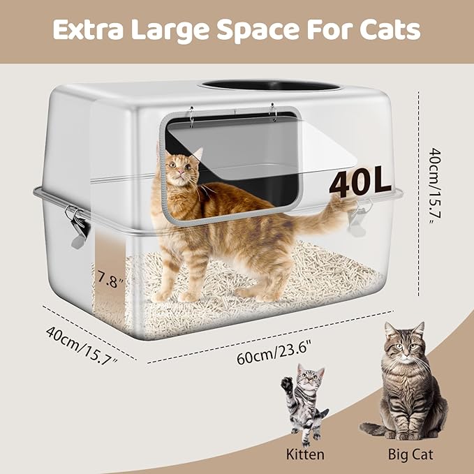 Stainless Steel Litter Box, 23.6" L x 15.7" W x 15.7" H XXL Enclosed Metal with High Sides Cat Litter Box, Extra Large Cat Toilet with Scoop, Non-Sticky, Odor Free, Easy to Clean