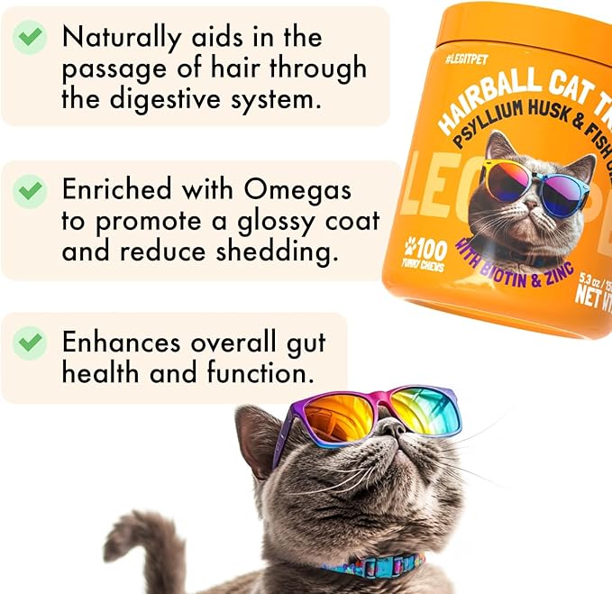 Hairball Treatment for Cats Natural Remedy with Apple Pomace, Psyllium Husk Omega 3 6 Fatty Acids Zinc Biotin Cat Supplement for Indoor Cats Promotes Healthy Digestion Furball Control 100 Yummy Chews