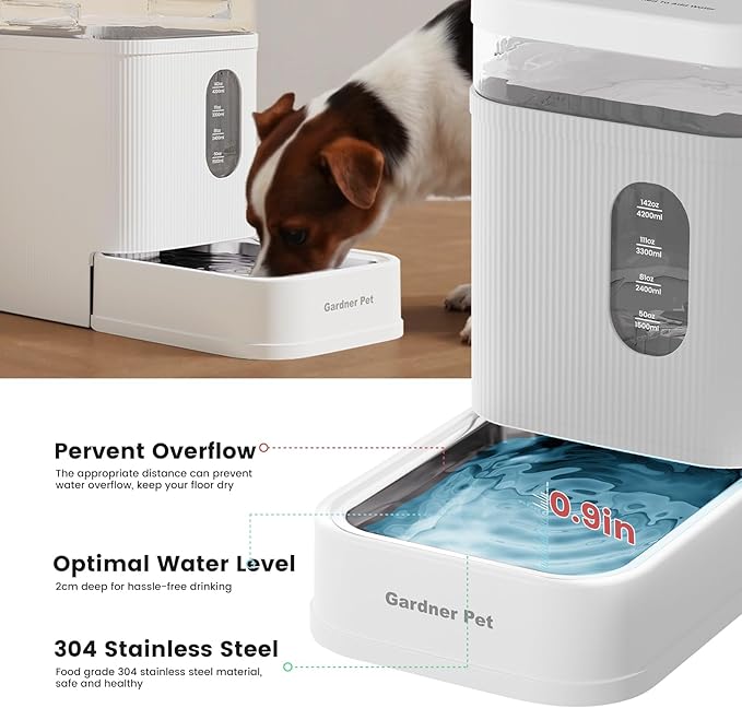Gardner Pet Automatic Dog Water Dispenser Gravity Waterer with Stainless Steel Bowl Water Dispenser 6.5L Large Capacity Water Feeder with Filters for Dogs Cats Pets, BPA-Free Noise-Free (White, 6.5L)
