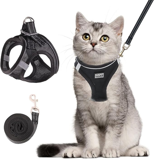 Cat Harness and Leash Set, Soft and Breathable Vest with Reflective Strip, Escape Proof Kitten Harness, Easy to Wear for Cats Walking and Traveling (Black, L)